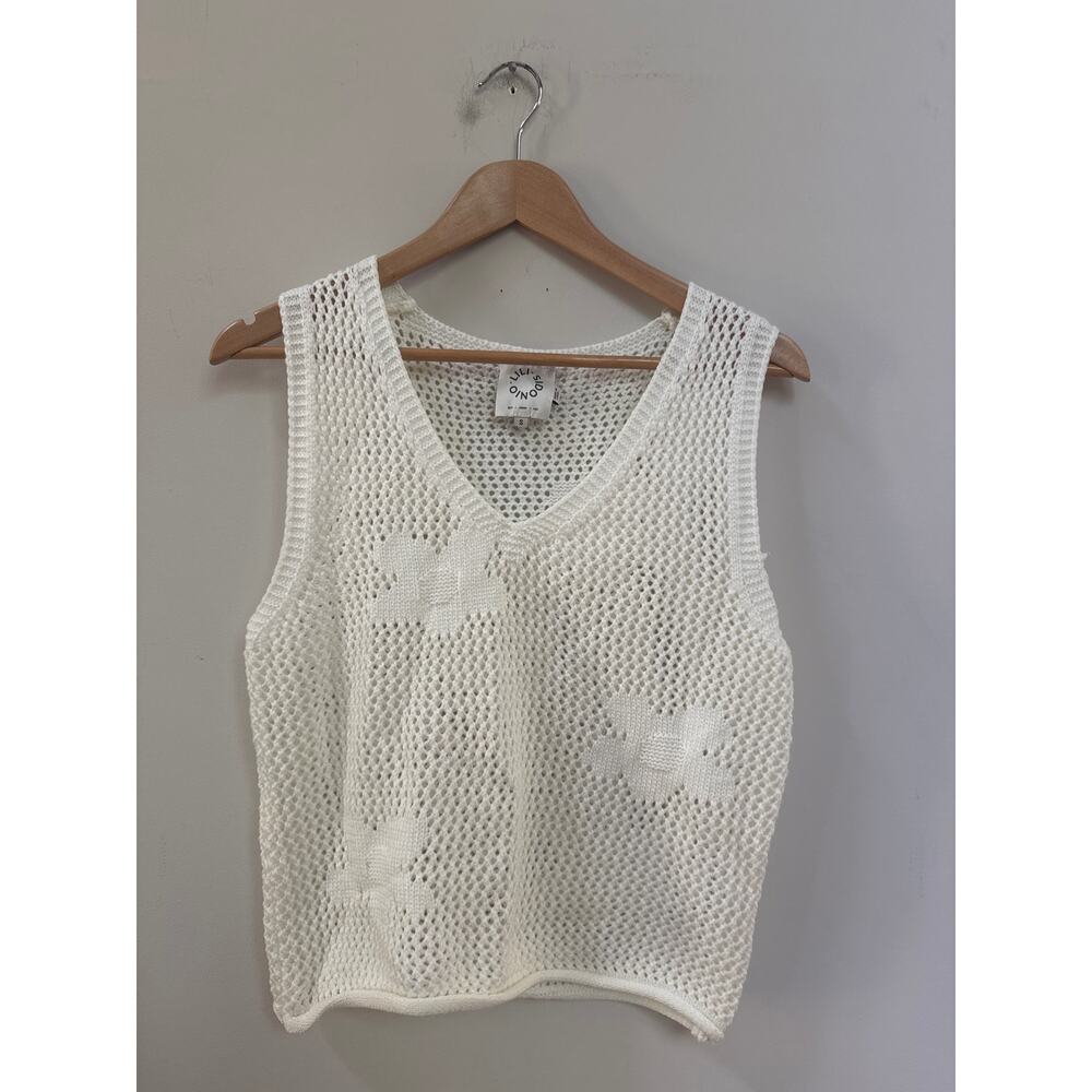 Lili Sidonio Ivory Open Stitch Sleeveless Sweater Floral Cottage Coastal Small